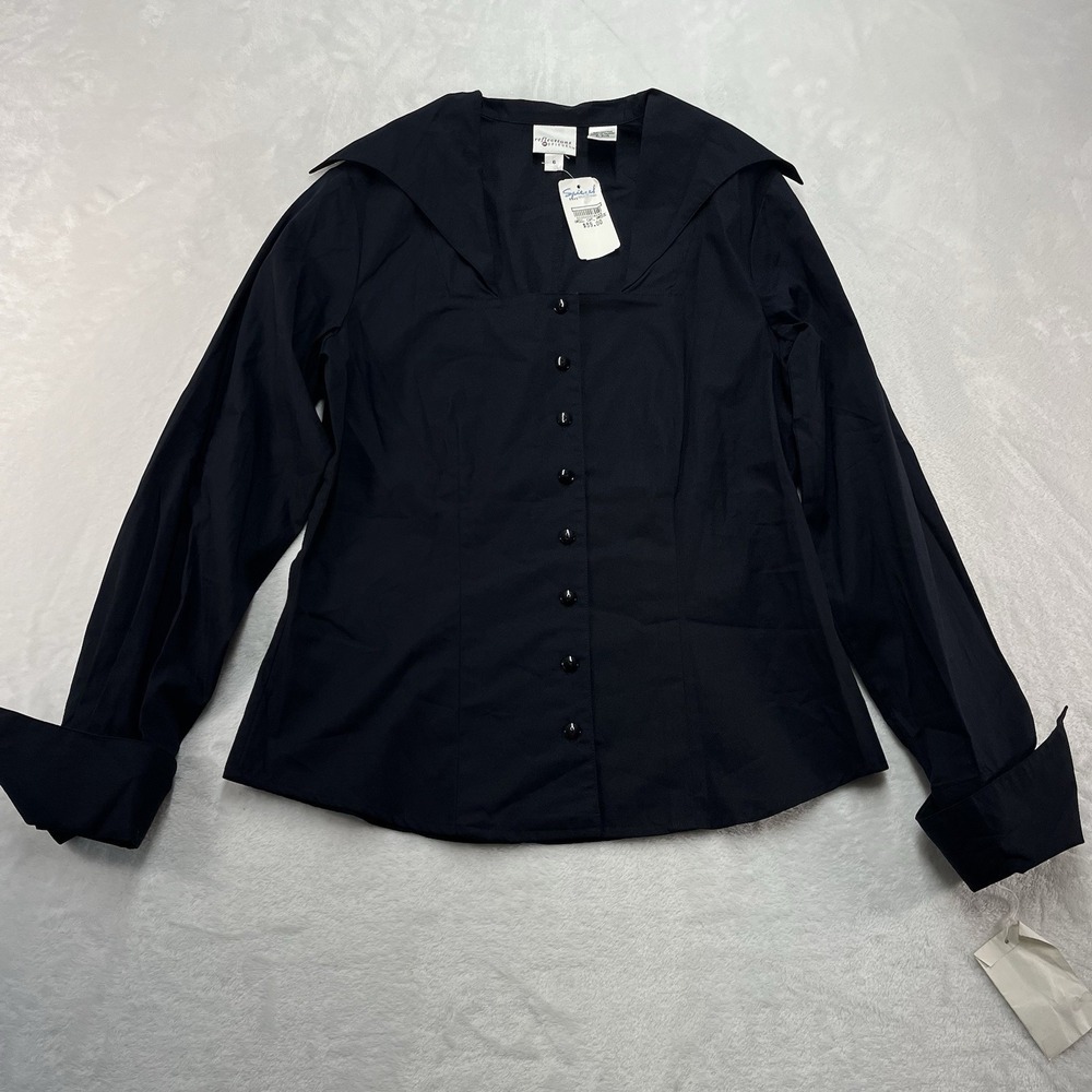 Reflections by Spiegel Button Down Shirt Womens 6 Black Y2K Square Neck